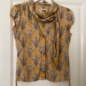 Free People Silk Gold Peacock Feathers Drape Scarf Blouse